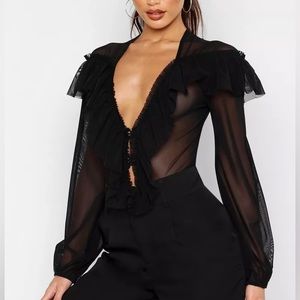 boohoo MESH RUFFLE DETAIL BODYSUIT